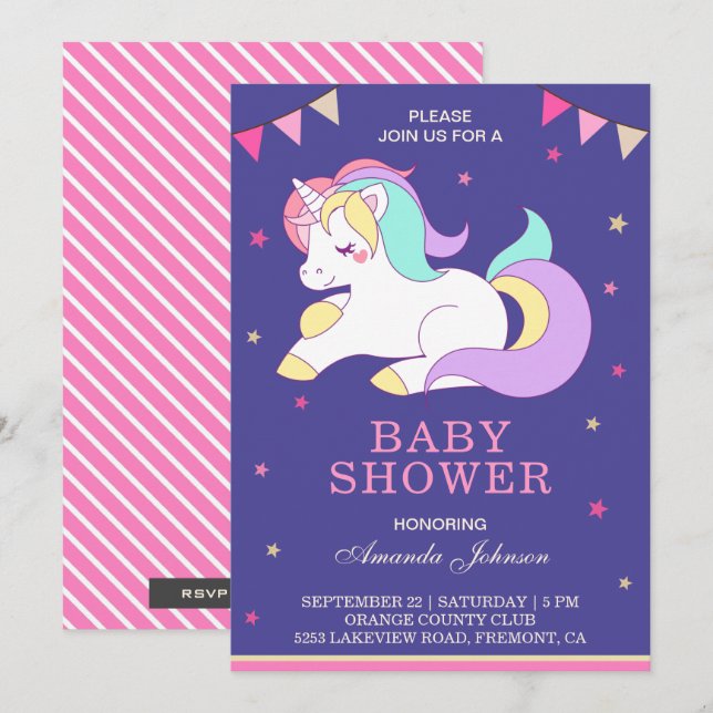 Invitación de Baby Shower de Unicornio Lindo Dulce (Anverso / Reverso)