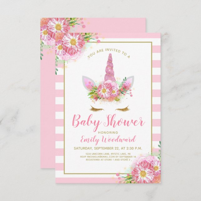 Invitación de Baby Shower de unicornio rosa dulce (Anverso / Reverso)