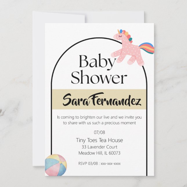 Invitación de Baby Shower de Unicornio Rosa Pastel (Anverso)
