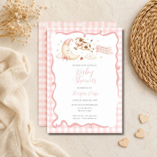 Invitación de baby shower de vaca de cuadros rosad