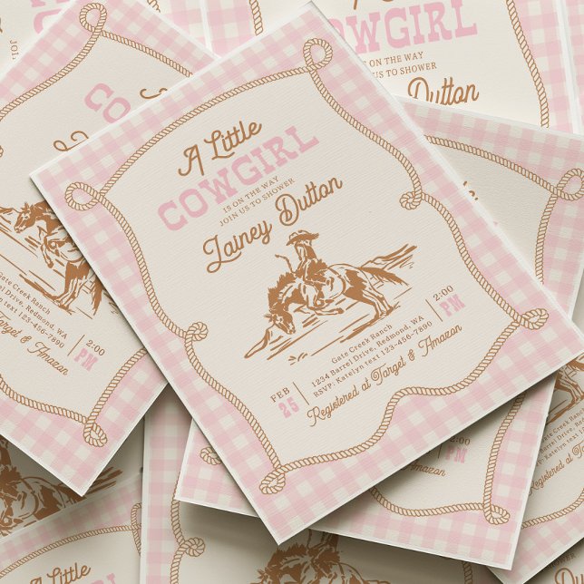 Invitación de baby shower de vaquera con gingham r (Subido por el creador)