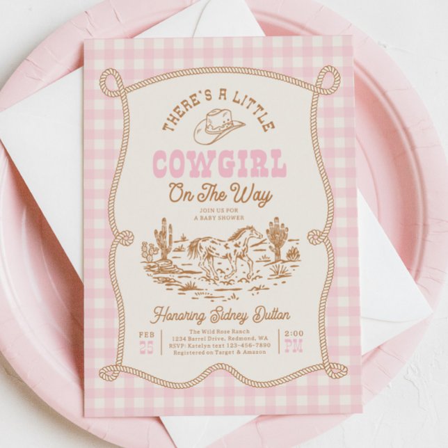 Invitación de baby shower de vaquera con gingham r (Subido por el creador)
