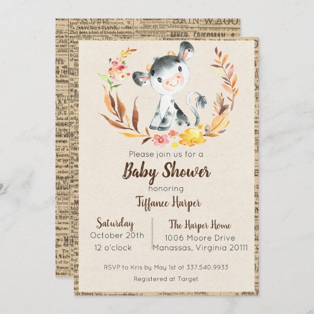 Invitación de Baby Shower de Vaquita de Granja Rús (Anverso / Reverso)