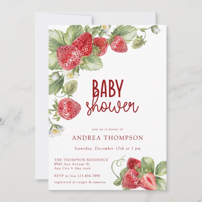 Invitación de Baby Shower de Verano Fresa (Anverso)