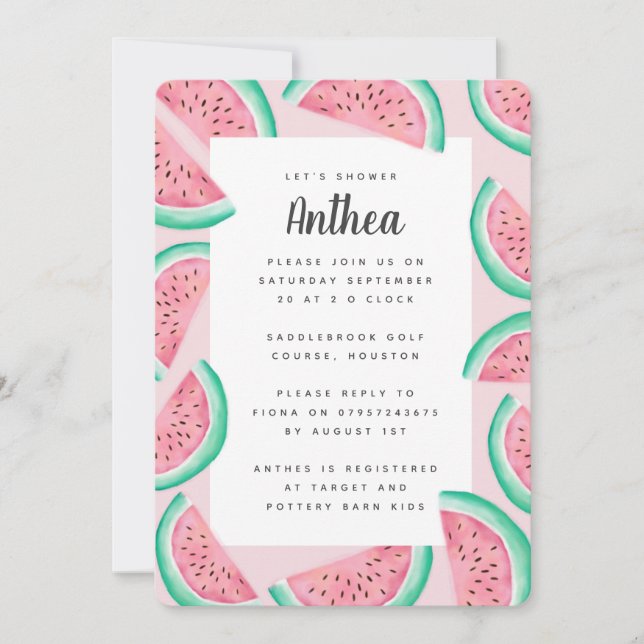 INVITACIÓN DE BABY SHOWER DE VERANO WATERMELON (Anverso)