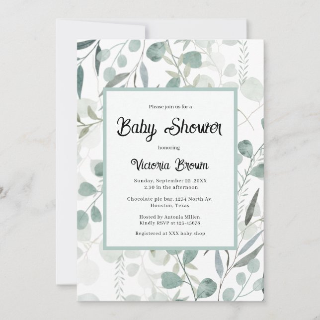 Invitación de Baby Shower de Verde Eucalipto (Anverso)