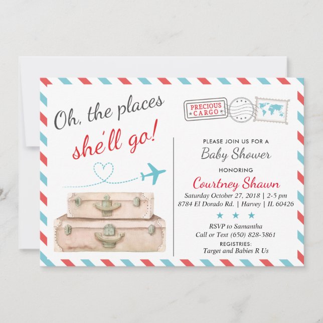 Invitación de Baby Shower de viajes para Chicas, a (Anverso)