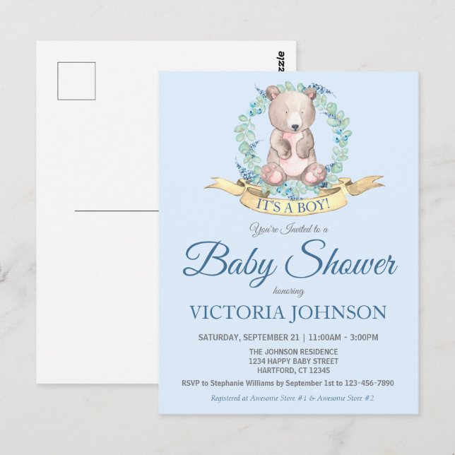 Invitación de Baby Shower de Watercolor Bear Blue  (Anverso / Reverso)
