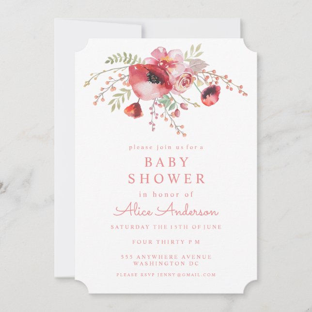 Invitación de Baby Shower de Watercolor Floral Red (Anverso)