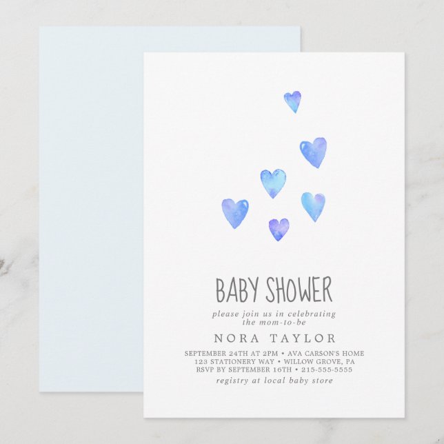 Invitación de Baby Shower de Watercolor Hearts Boy (Anverso / Reverso)