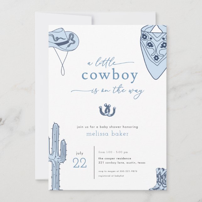 Invitación de Baby Shower de Western Blue Little C (Anverso)
