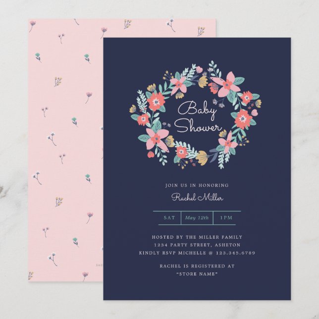 Invitación de Baby Shower de Wreath Garden (Anverso / Reverso)