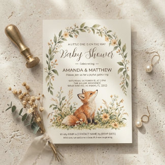 Invitación de baby shower de zorro con acuarela