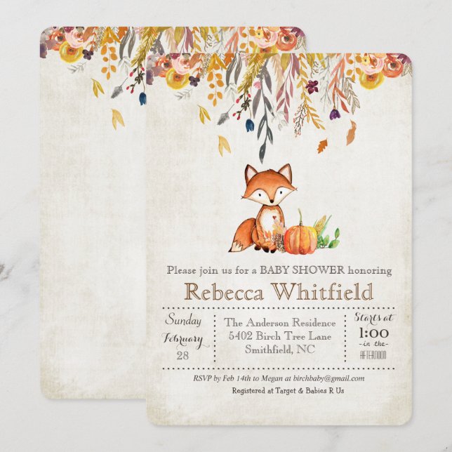 Invitación de Baby Shower de zorro con hojas de ot (Anverso / Reverso)