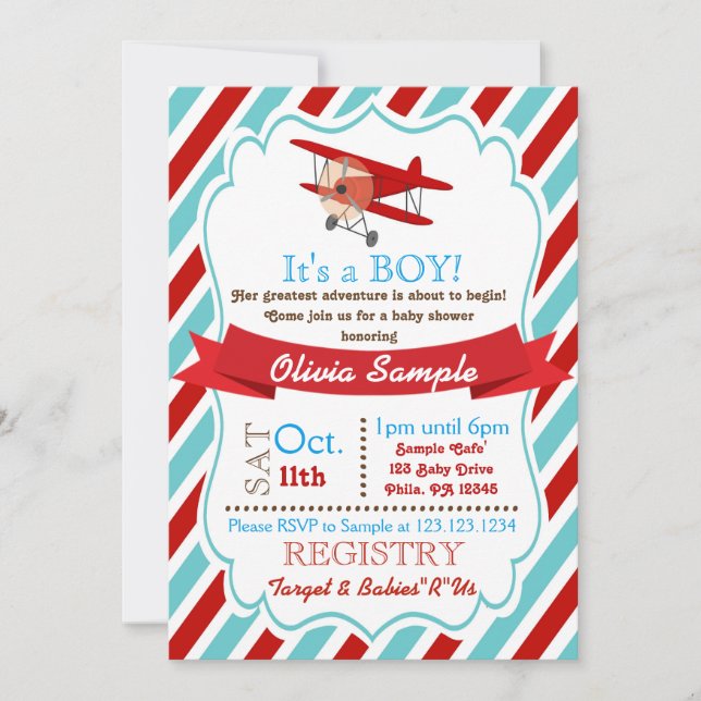 Invitación de Baby Shower del aeroplano (Anverso)
