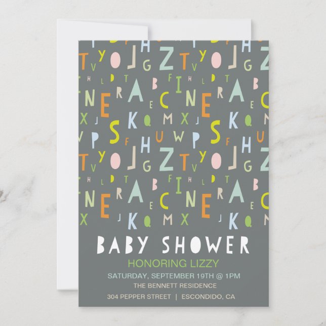 Invitación de Baby Shower del alfabeto de ABC (Anverso)