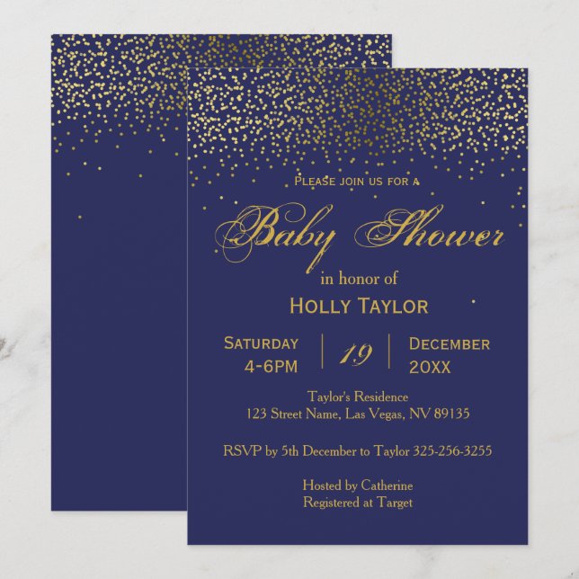 Invitación de Baby Shower del azul real y del oro (Anverso / Reverso)