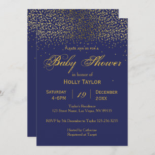 Invitación de Baby Shower del azul real y del oro