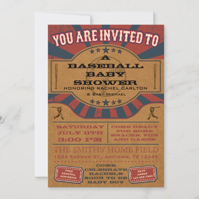 Invitación de Baby Shower del béisbol del vintage (Anverso)