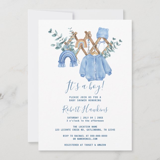 Invitación de Baby Shower del Boho Clothes Boy (Anverso)