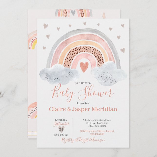 Invitación de Baby Shower del Boho moderno Rainbow (Anverso / Reverso)