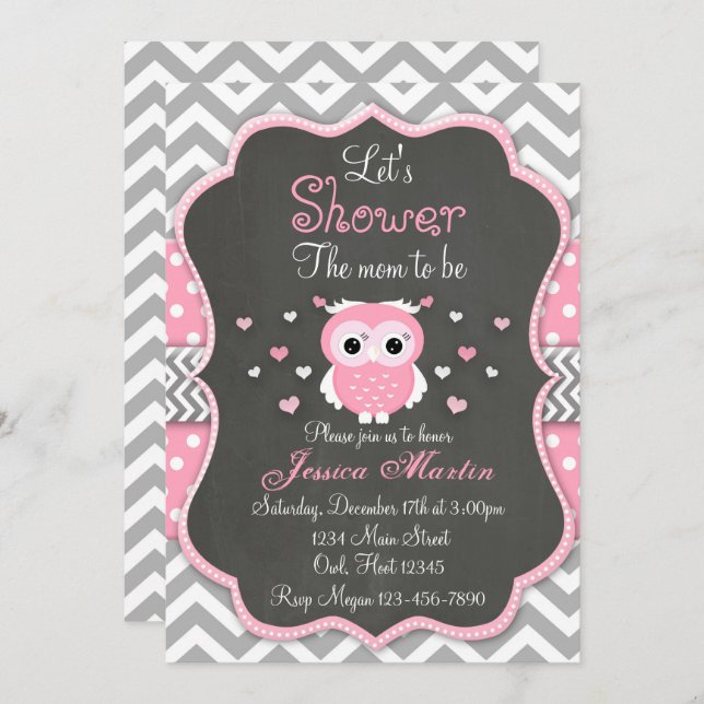 Invitación de Baby Shower del búho, Chevron, (Anverso / Reverso)