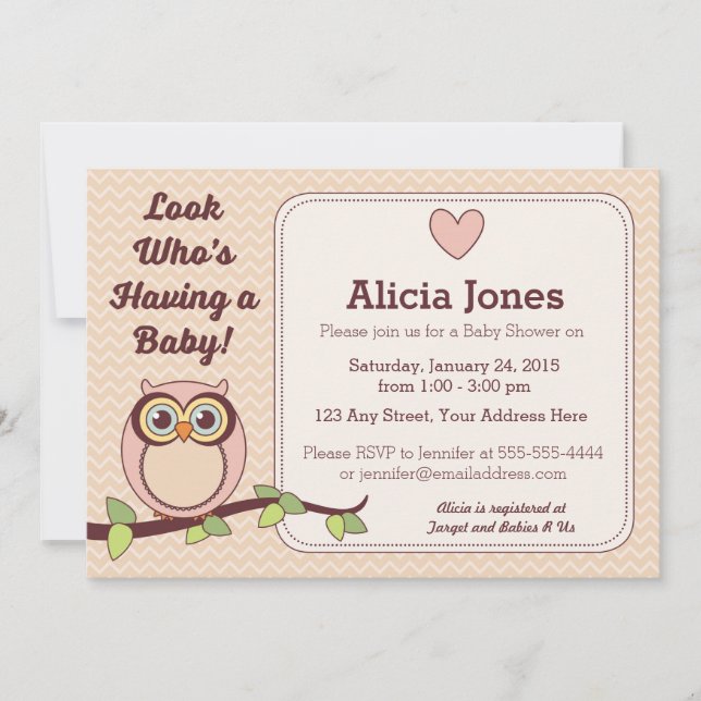 Invitación de Baby Shower del búho (chica) (Anverso)