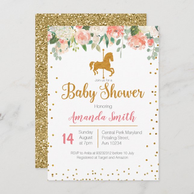 Invitación de Baby Shower del caballo del carrusel (Anverso / Reverso)