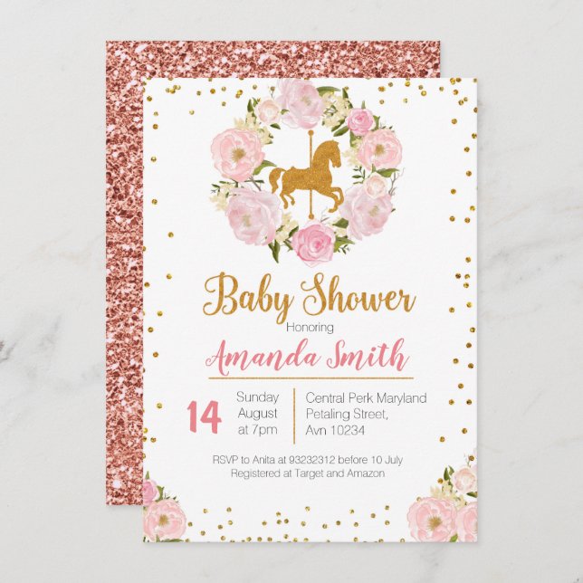Invitación de Baby Shower del carrusel del oro (Anverso / Reverso)