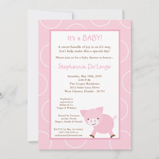 invitación de Baby Shower del cerdo del rosa del (Anverso)
