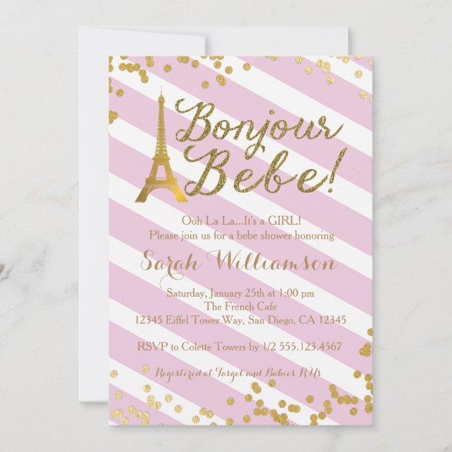 Invitación de Baby Shower del chica de Bonjour (Anverso)