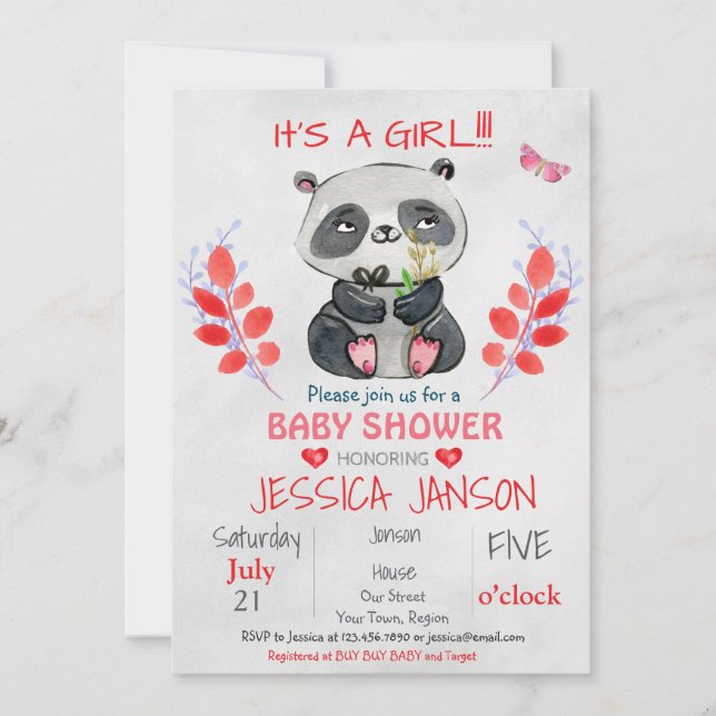 INVITACIÓN DE BABY SHOWER DEL CHICA DE CUTE PANDA (Anverso)
