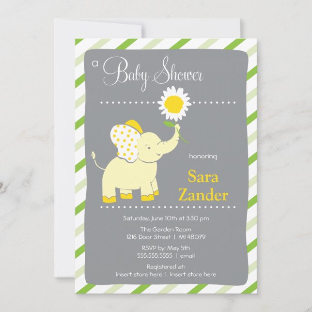 Invitación de Baby Shower del chica del elefante (Anverso)