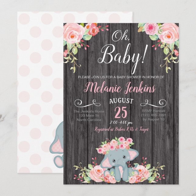 Invitación de Baby Shower del chica, elefante Baby (Anverso / Reverso)