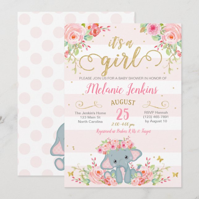 Invitación de Baby Shower del chica, elefante Baby (Anverso / Reverso)