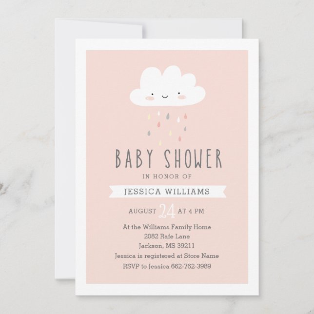 Invitación de Baby Shower del chica - nube linda (Anverso)