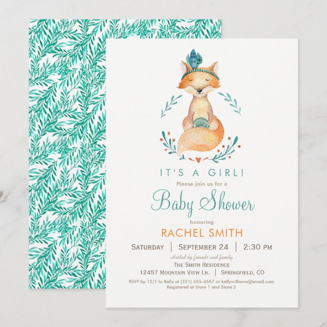 Invitación de Baby Shower del Chica verde azulado  (Anverso / Reverso)