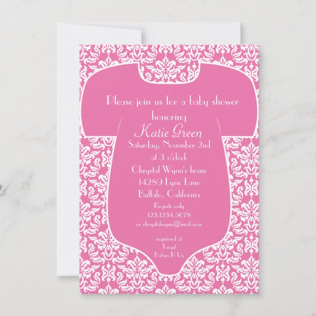 Invitación de Baby Shower del damasco - rosa (Anverso)
