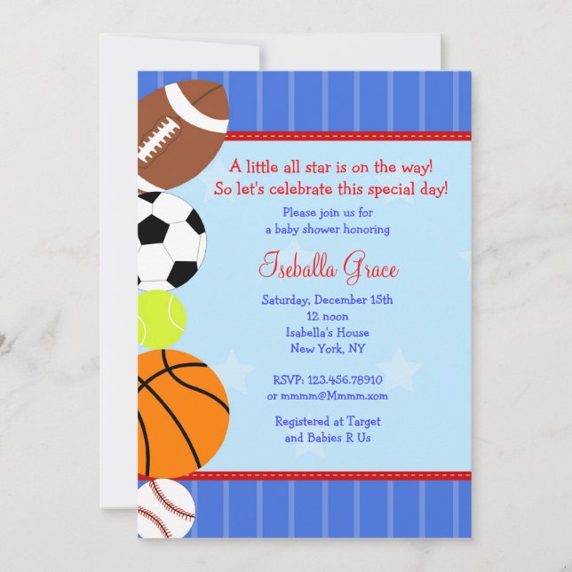 Invitación de Baby Shower del deporte de All Star (Anverso)