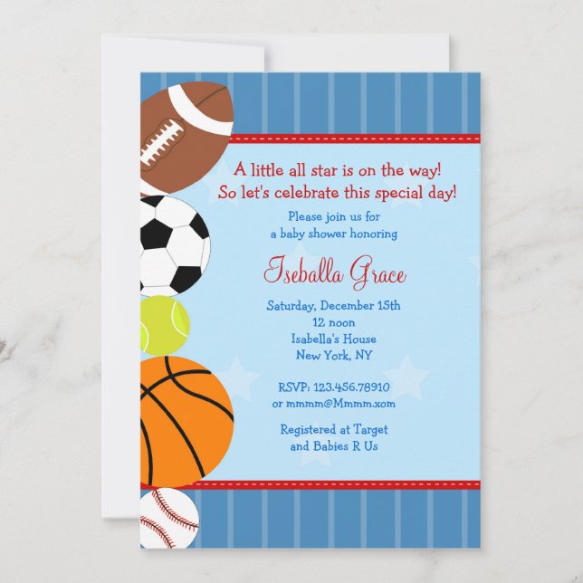 Invitación de Baby Shower del deporte de All Star (Anverso)