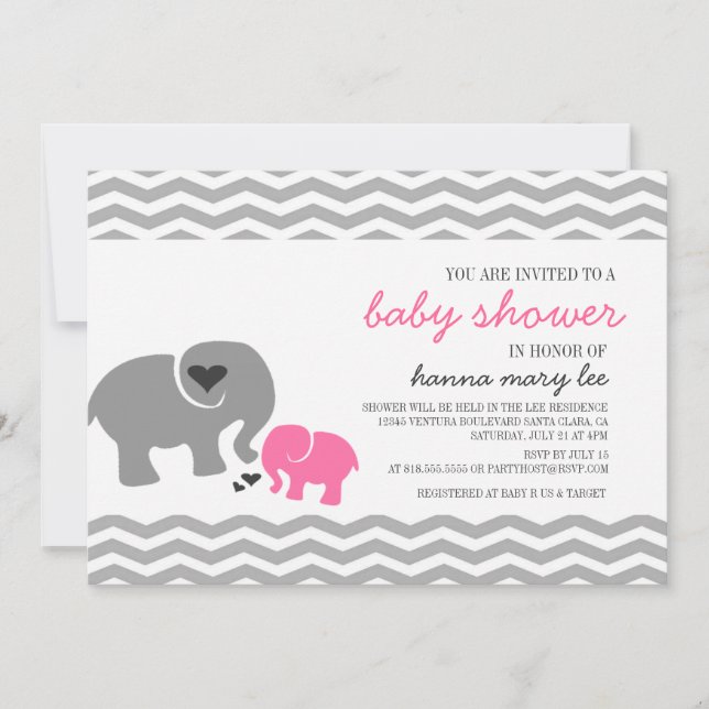 Invitación de Baby Shower del elefante (Anverso)