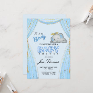 Invitación de Baby Shower del Elefante Azul