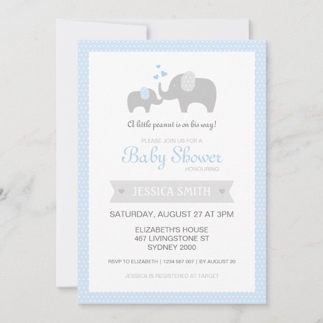 Invitación de Baby Shower del elefante - azul (Anverso)