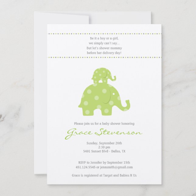 Invitación de Baby Shower del elefante de la mamá (Anverso)