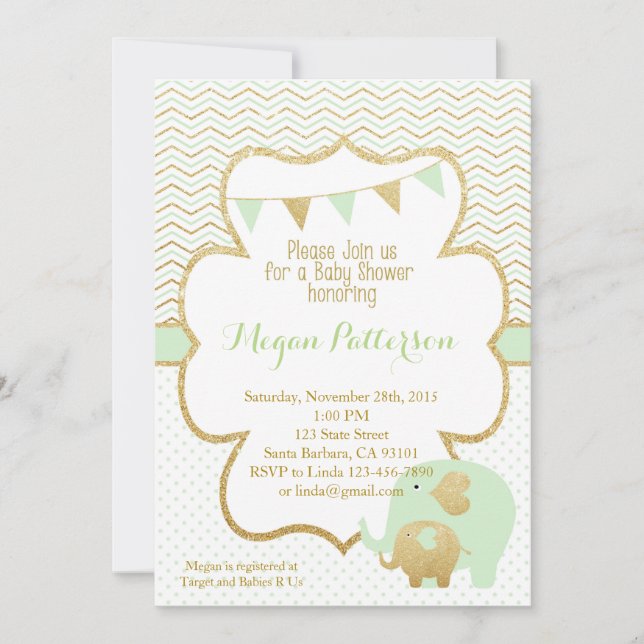 Invitación de Baby Shower del elefante de la menta (Anverso)