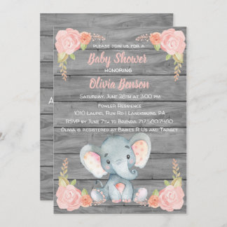 Invitación de Baby Shower del elefante del chica