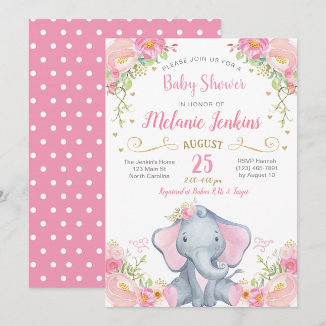 Invitación de Baby Shower del elefante del chica (Anverso / Reverso)
