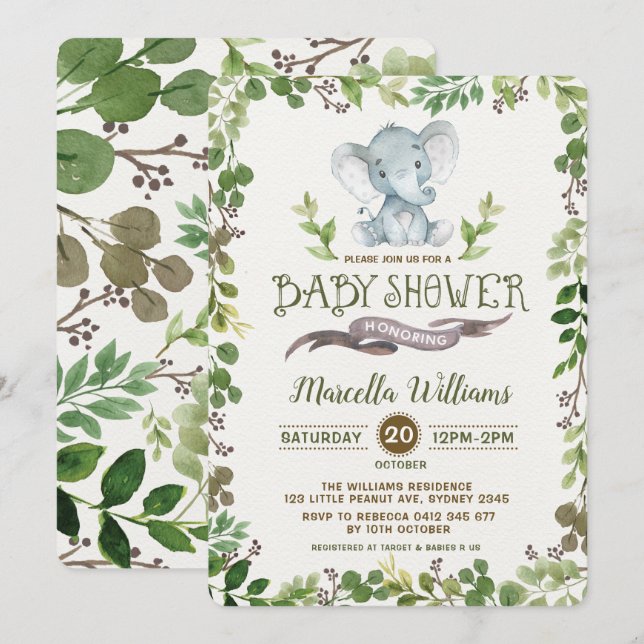 Invitación de Baby Shower del elefante del verdor (Anverso / Reverso)