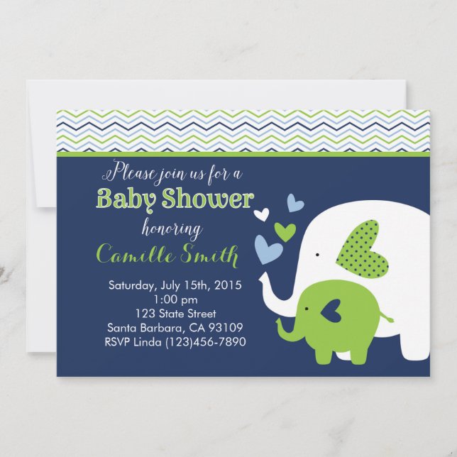 Invitación de Baby Shower del elefante en marina (Anverso)