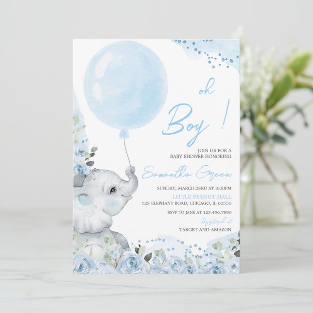 Invitación de Baby Shower del Elefante Floral (Anverso de pie)